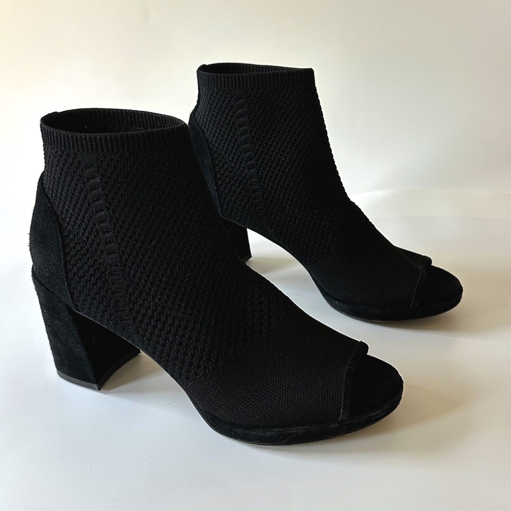 Eileen Fisher Croft Booties Peep Toe Stretch Knit Block Heel Black size 7.5